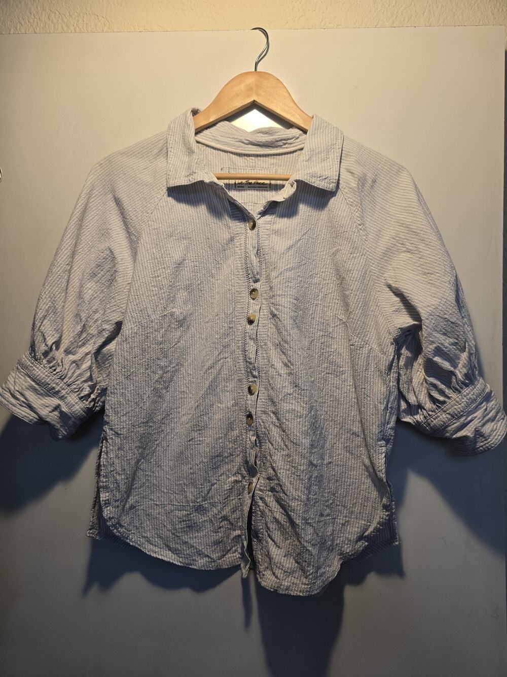Free People Women's Ellie Stripe Top, Blue Combo Size Medium puff balloon sleeve